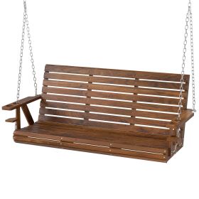 3-Seater Swing Bench, Wooden Porch Swing with Cupholders, Hanging Chains for Patio Garden, Carbonized