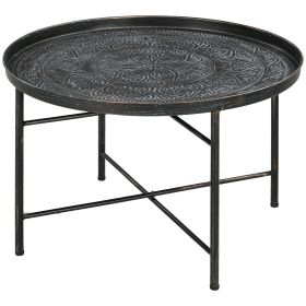 Cafe Table for Living Room, 24" Round Center Table with Hammered Tray Top and Metal Frame for Bedroom, Pewter