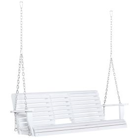 3-Person Wooden Porch Swing with Folding Coffee Table, Cup Holders, Chains, White