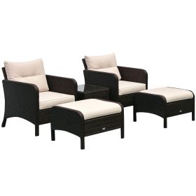 5 Pieces Rattan Wicker Lounge Chair Outdoor Patio Conversation Set with 2 Cushioned Chairs, 2 Ottomans and Tempered Glass Top Coffee Table
