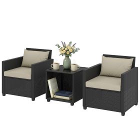 3 Piece Patio Bistro Set, Wicker Furniture Set with Thick Cushions, Glass Coffee Table and Chairs for Garden, Beige