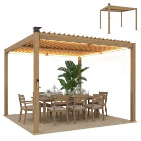 10' x 10' Louvered Pergola with Solar LED lights, Metal Roof, Outdoor Pergola Patio Gazebo with Drainage Gutters, Brown