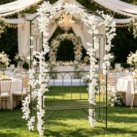 Black Metal Trellis Arbor Arch with Garden Bench for Patio Decor 2-Person Outdoor Seating Grow Grapes Vines Climbing Plants 484 Lbs Capacity