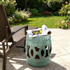 Antique Blue 14" X 17" Ceramic Garden Stool with Double-Coin Knotted Ring Design Strong Glazed Decorative End Table Home Collection