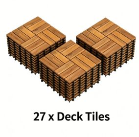 27 PCS Natural Acacia Wood Interlocking Deck Tiles, 12"12" Waterproof AntiSlip Outdoor Flooring with PP Drainage Base for Patio Balcony Bathroom