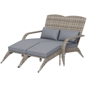 Wicker Adirondack Chair for 2 with Cushions & Footrests, PE Rattan Double Chaise Lounge Chair, Fire Pit Chair for Porch with High-back, Wide Armr