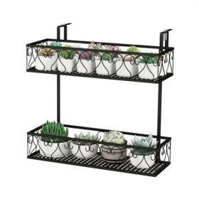 2-Tier Adjustable Railing Plant Stand With Hooks, Metal Hanging Flower Pot Holder For Balcony Porch (Option: Black)