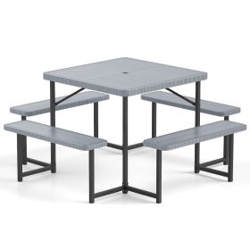 Outdoor Square Picnic Table Bench Set for 4-8 People with Umbrella Hole (Color: Grey)